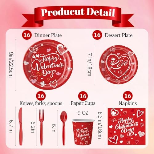 112 PCS Valentines Day Tableware Set Galentine Disposable with Plates, Cups, Napkin, Knives, Forks, Spoons - Valentine’s Day Party Supplies for Wedding,Anniversary, Birthday, Gathering,Serves 16