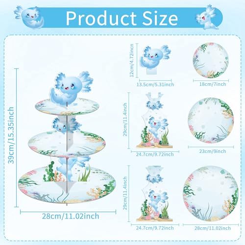 Axolotl Birthday Decorations Cupcake Stand, 3 Tier Cute Blue Cartoon Axolotl Cardboard Cupcake Display Stand Dessert Tower, Underwater Theme Party Supplies for Boys Girls