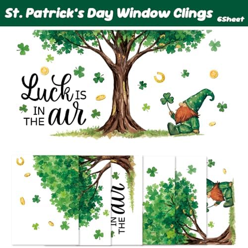 6 Sheets Extra Large St. Patrick's Day Window Clings 32 inch, Lucky Green Shamrock Tree Window Stickers Decal Double Sided for Home School Office Classroom Spring Party Supplies Gifts
