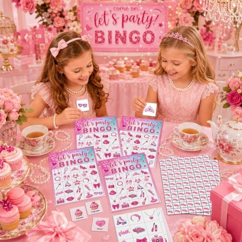 Pink Glitter Bingo Cards, 24 Player Party Game for Teens and Adults
