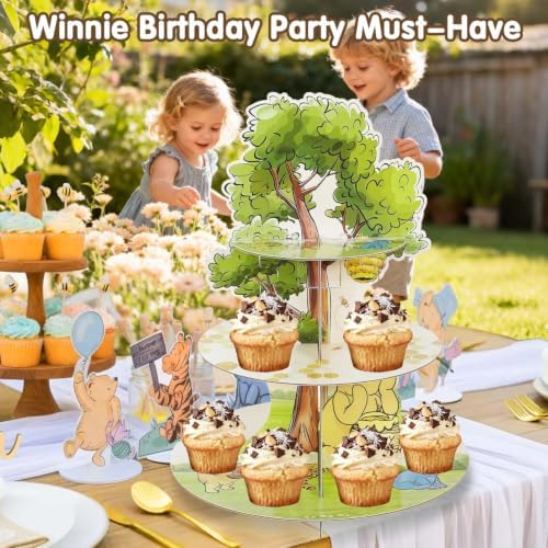 Winnie Cupcake Stand, 3-Tier Cardboard Cupcake Holder for Classic Winnie Bear Baby Shower Birthday Cupcake Decorations