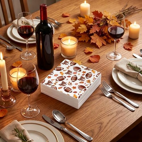 50 Pcs Fall Football Bow Disposable Paper Napkins, 2-Ply Absorbent Decorative Napkins, Autumn Sports Theme Tableware Supplies for Football Game Day, Harvest Thanksgiving Dinner, Holiday Celebrations