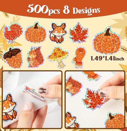 500Pcs Holographic Fall Stickers Roll Thanksgiving Autumn Decals for Kids
