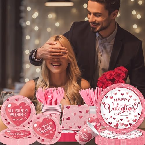 Valentines Day Plates and Napkins Sets,144pcs Valentines Party Decor Tableware Include Plates Napkins Cups Forks Knives for Valentine Party Supplies,Serves 24