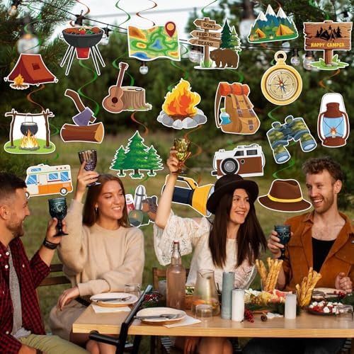 40Pcs Camping Hanging Swirl Decorations, Happy Camper Party Hanging Swirls Camping Adventure Bears Tent Telescope Sign Foil Swirls Ceiling Decorations for Camping Birthday Baby Shower Party Decor