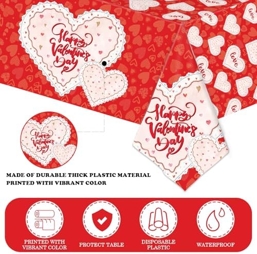 Valentines Day Tablecloth, Classic Red and White Lace-Heart Plastic Rectangle Disposable Valentine Tablecloth, Valentines Decorations for Party, Romantic Valentines Decor 54 x 108 Inch, 3 Pack