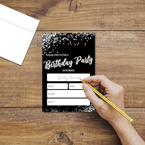 Minimalist Birthday Invitations, 20 Party Invitations with Envelopes For Birthday, Black Silver Invitations for Boys and Girls, Birthday Party Decorations Supplies