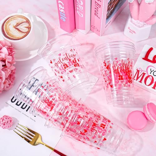 Whaline 50 Pcs 12 Oz Galentines Day Disposable Cup Plastic Party Cup Galentines Gang Heart Clear Glasses for Girls Ladies Valentine's Day Party Coffee Juice Drink Supplies Decorations