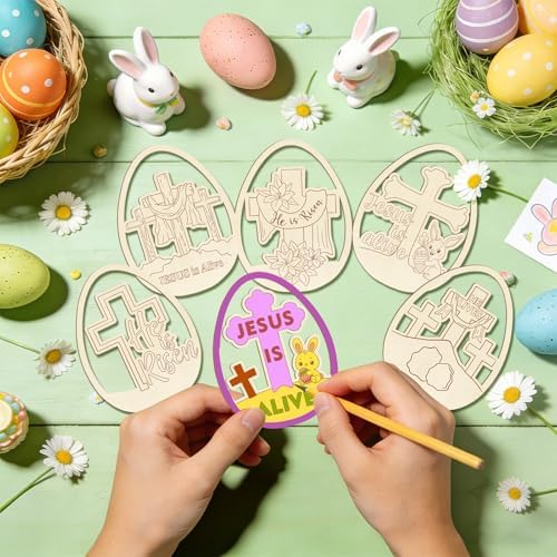 36PCS Wooden Easter Ornaments to Paint, Christian DIY Blank Unfinished Wood Egg Cutouts for Crafts Hanging Decorations Happy Easter Hallow Cross He is Risen Jesus is Alive Rabbit Religious Lily