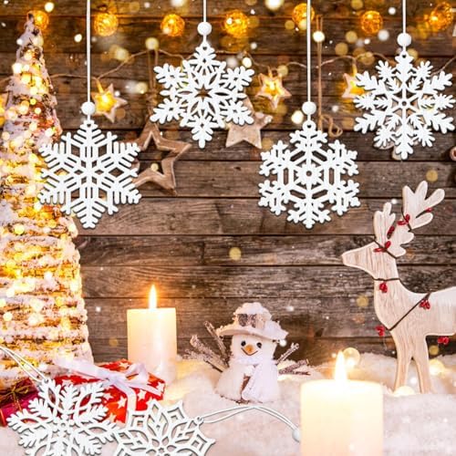 White Snowflake Wood Ornaments Christmas Snowflakes Wooden Cutouts 3 Inches