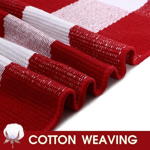 Christmas Red and White Plaid Rug, 28 x 43 Inches Cotton Hand-Woven Layered Door Mat for Front Porch, Entryway, Outdoor Holiday Decor, Washable Buffalo Check Rug for Home, Patio, Kitchen