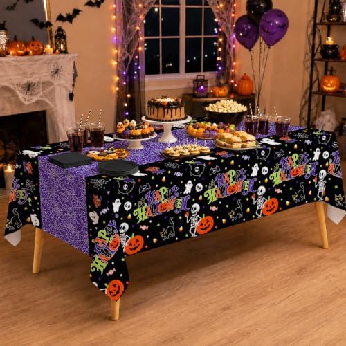 2 Pack Halloween Tablecloth, 54 x 108 Inch Disposable Plastic Table Cover, Purple Halloween Party Decorations for Halloween Decor Party Supplies