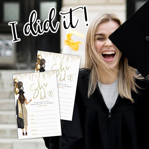 She Did It Graduation Party Invitations -Gloden Balloons & Grad Girl -20 Double-sided Fill In Invite Cards With Envelopes For College , High School , University Grad -Party Decorations & Supplies -D01