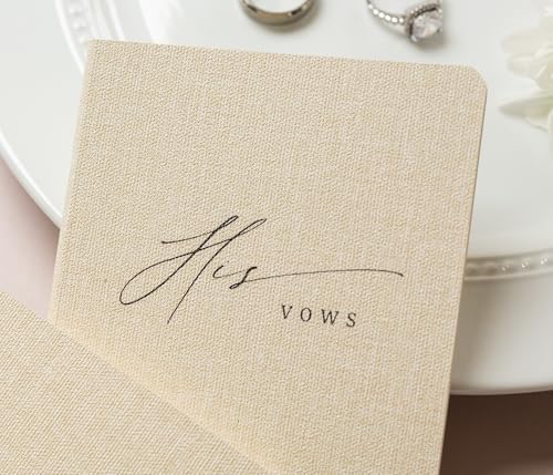 Slim Vow Books (Set of 2 - Design 5) - Soft Cream Canvas Linen Textured Cover Wedding Vow Booklets, Ceremony Speech Promise Notebook Journal, Gift for Newly Engaged Couple, 48 Lined Pages, 5.75" x 4"