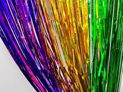 GiftExpress 2-Pack 3.33 FT x 8.33 FT (Total 6.66 FT x 8.33 FT) Mardi Gras Metallic Foil Fringe Curtain, Mardi Gras Themed Party, St. Patricks Day Tinsel Backdrop, Foil Fringe Photo Booth Props