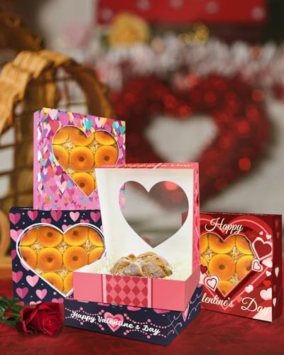 qiqee Auto-pop Up Valentine 12pcs Pie Boxes 10x10x2.5 inches Easy Assemble Macaroon Cookie Bakery Boxes with Window for Valentine's Day