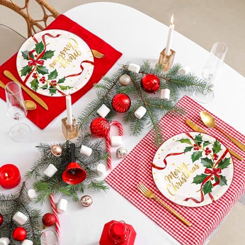 FYSUIMU Christmas Paper Plates Party Plates Xmas Gold Foil Holly Ribbon Disposable Dinner Plate for Winter Holiday New Year Party Tableware Supplies, 40 Pcs