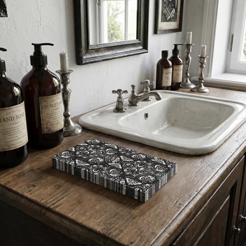 WRAPAHOLIC 50Pcs Gothic Halloween Paper Napkins - 3-Ply Black and White Skull Moth Gothic Guest Disposable Hand Towels for Bathroom, Halloween, Birthday, Holiday - 4.3 x 7.9 In