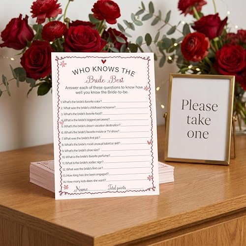 Pink Bridal Shower Games Cards - Who Knows The Bride Best - 30 Fun Wedding Party Game Cards for Bridal Shower, Engagement, Bachelorette & Newlywed Party, Icebreaker Activity Supplies & Decorations