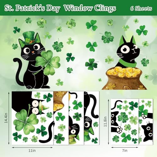 Whaline 6 Sheets St. Patrick' s Day Window Clings Black Cat Green Shamrock Clover Window Decal Reusable Anti-Collision Windows Decor for Irish Holiday Party Supplies