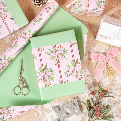 LeZakaa Christmas Wrapping Paper Roll, Pink Red Bow Berry Green Solid Color Design Holiday Gift Wrap for Kids Girls Women, Watercolor Style for Christmas Party Present, Mini Roll 17" x 16.4 ft