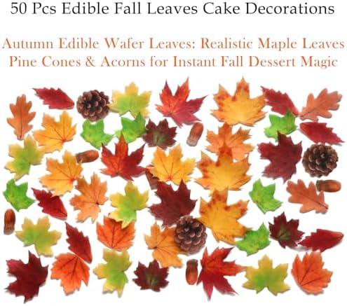 50 Pcs Edible Cake Decorations Cupcake Toppers Fall Maple Leaves Pine Cones