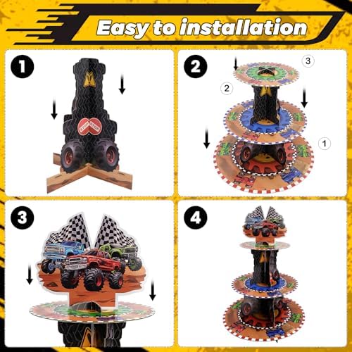 Race Car Theme Cupcake Stand - 3 Tier Cupcake Tower Decorations Dessert Holder for Table Display Truck Party Decor