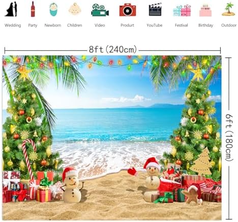8x6ft July Christmas Backdrop Summer Beach Christmas Tree Photography Background Xmas Party Banner Tropical Hawaiian Holiday Decorations Supplies Photo Props