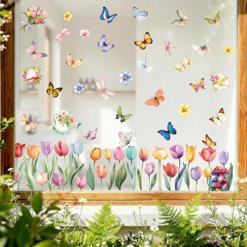 9 Sheets Spring Window Clings Decor, Tulip Floral Butterfly Window Stickers