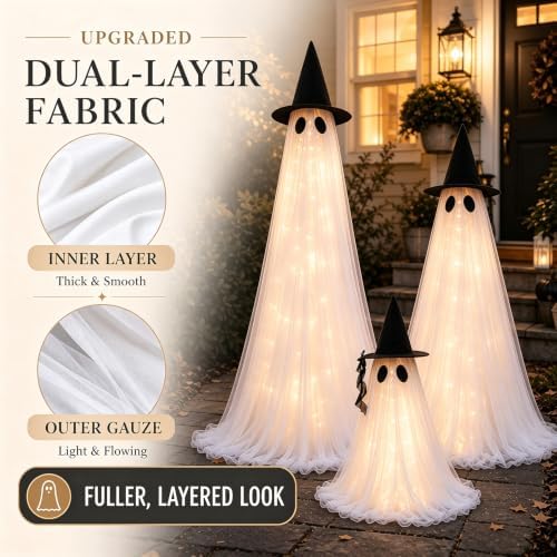 Halloween Decorations Outdoor - 3 Packs Light Up Ghost Decor for Porch Yard