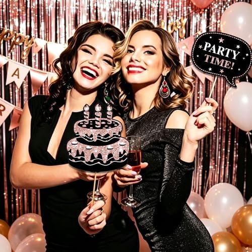 38 Pcs Birthday Photo Booth Props Kit with Frame, Happy Birthday Party Favors Supplies Bday Party Decorations Set for Girls Women Really Glitter Selfie Paper Party Supplies (Rose Gold)