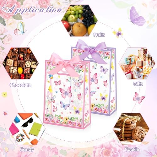 Capoda 24 Pack Butterfly Gift Bags with Handles Pink Purple Floral Party Favor Bags for Girls Birthday Reusable Plastic Goodie Bag Medium Treat Bag for Baby Shower Spring Garden Tea Party Supplies