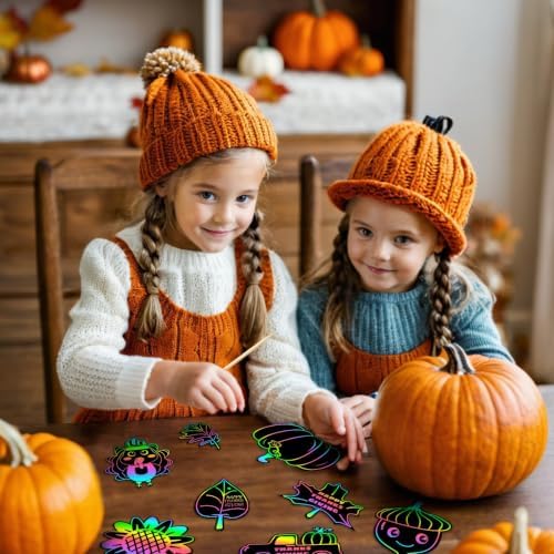 JULMELON 36Pcs Fall Thanksgiving Scratch Art for Kids, Magic Rainbow Paper