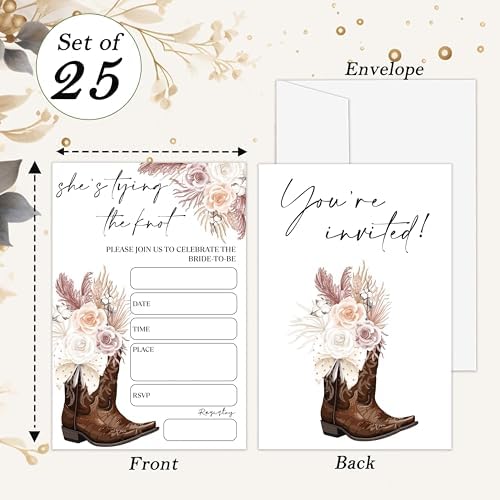 Bridal Shower Invitations, 25 Cowgirl Invites with Envelopes for Bridal Shower Reception Engagement Party, Country Floral Wedding Cards - D06