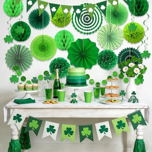 24 Pcs Green Birthday Decorations Kit, Paper Fans Pom Poms Banner 8-16 in