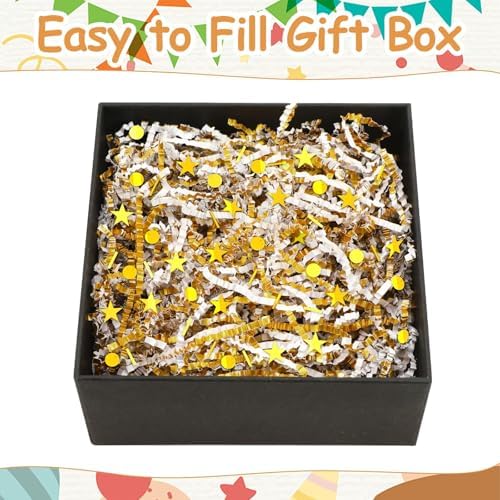 Jansun Metallic Gold White Crinkle Cut Paper, 115g/4oz Shred Filler with Gold Dots Stars Confetti for Christmas Halloween Wedding Gift Wrapping Craft DIY Basket Filling Holiday Party Decorations