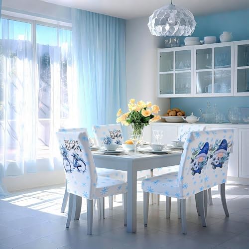 Mindsoft 6 Pcs Winter Chair Covers Dining Protector Removable Washable Stretch Christmas Blue White Gnome Snowflake Slipcovers for Winter Xmas Hotel Party Wedding Holiday Decor