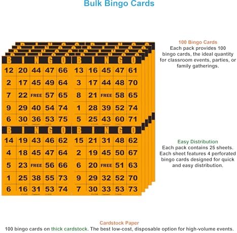 100 Bingo Cards, Large 4.5 x 4.5 Inch, Paper Bingo Sheets, Orange
