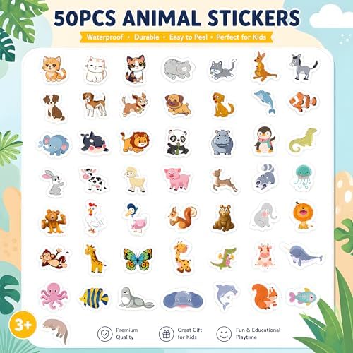 Stickers for Kids - 50 PCS Cute Animal Stickers | Water Bottle Scrapbook Stickers Toys Games Crafts for Kids Toddlers -Activities Party Supplies Favors Teacher Prizes Rewards Gifts for Teens Classroom