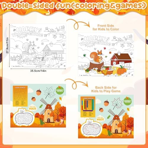 16PCS Thanksgiving Coloring Placemats, Large Kids Paper Thanksgiving DIY Placemats for Classroom Crafts Activity Party Supplies (Classic)