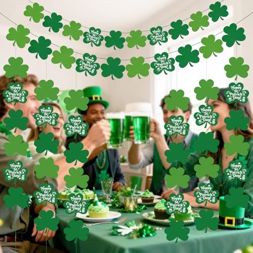 St Patricks Day Decorations - 12 Pack Shamrock Clover Garland Banner - NO DIY Felt Hanging Banner for Home, Mantel, Office, Irish Party Supplies, Wall Fireplace Decor