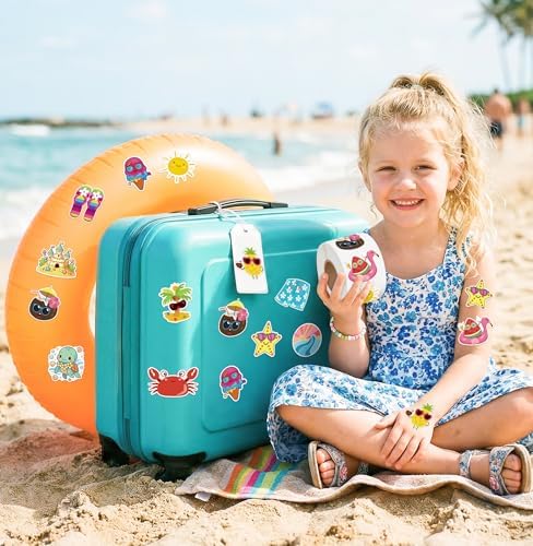 1000Pcs Summer Stickers for Kids, 2 Rolls Hawaiian Tropical Beach Self Adhesive Labels Luau Party Favors for Seasonal Holiday DIY Crafts Teacher Reward Gifts Scrapbooking Water Bottle Decor,16 Designs