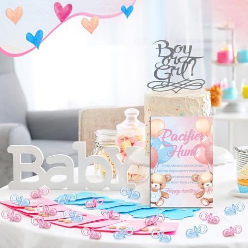 Thyle 51 Pcs Bear Pacifier Hunt Baby Shower Games Include Hunt Sign and 50 Acrylic Pacifiers for Pink and Blue Baby Shower Game Decoration Sets Gender Reveal Newborn Announcement Party Decor
