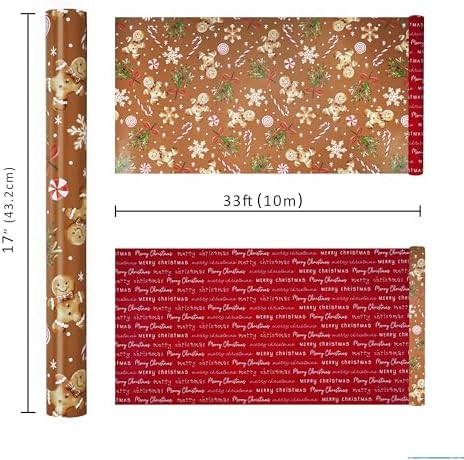 LaRibbons Christmas Wrapping Paper, Double-Sided Gingerbread Cookie Design