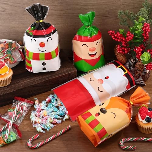 peony man 100 PCS Christmas Cellophane Treat Bags 5.1 x 9.1 Inch Christmas Plastic Candy Bag with Twist Ties 4 Styles Santa Claus Snowman Goodie Bags for Xmas Holiday Home Party Supplies