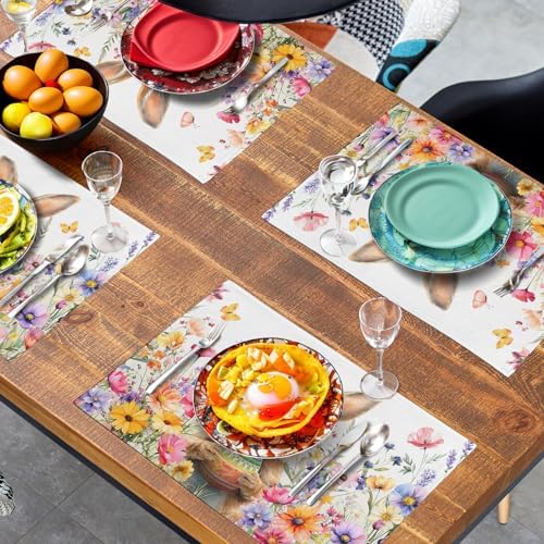 Easter Rabbit Placemats Set of 4 Spring Bunny Colorful Egg Wildflower Place Mat 12x18 Inch Seasonal Farmhouse Linen Fabric Table Mats for Kitchen Dining Outdoor Indoor Easter Party