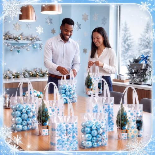 Pajean 25 Pcs Winter Plastic Gift Bags with Handles, Blue Snowflake Pouches