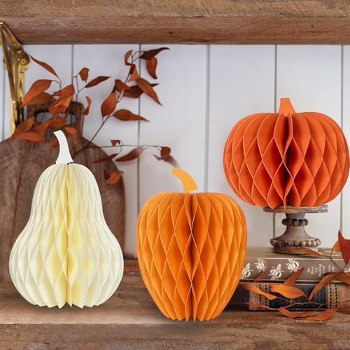 3PCS Paper Pumpkin Table Centerpieces, Pumpkins Honeycomb Centerpiece for Table Decorations with Thankful Signs for Fall, Halloween, Thanksgiving, Baby Shower, Birthday Party