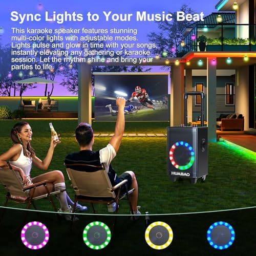Portable Karaoke Machine with 2 Wireless Microphones, Bluetooth Speaker with Lights and Trolley Wheels, 6600mAh Rechargeable PA System, FM/AUX/USB/TF, Remote, Bass/Treble/Echo Adjust, Ideal for Party