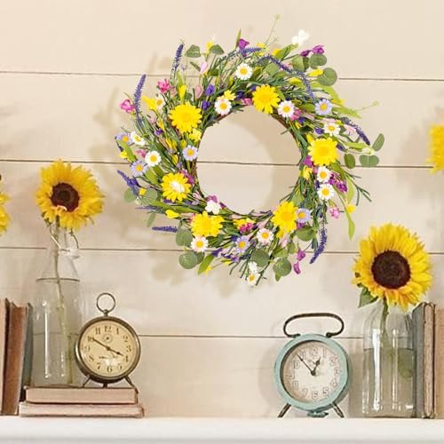 J'FLORU Artificial Spring Wreath Summer Wreaths for Front Door Floral Wreath with Daisy and Lavender for Indoor Outdoor Easter Celebration (18 Inch)